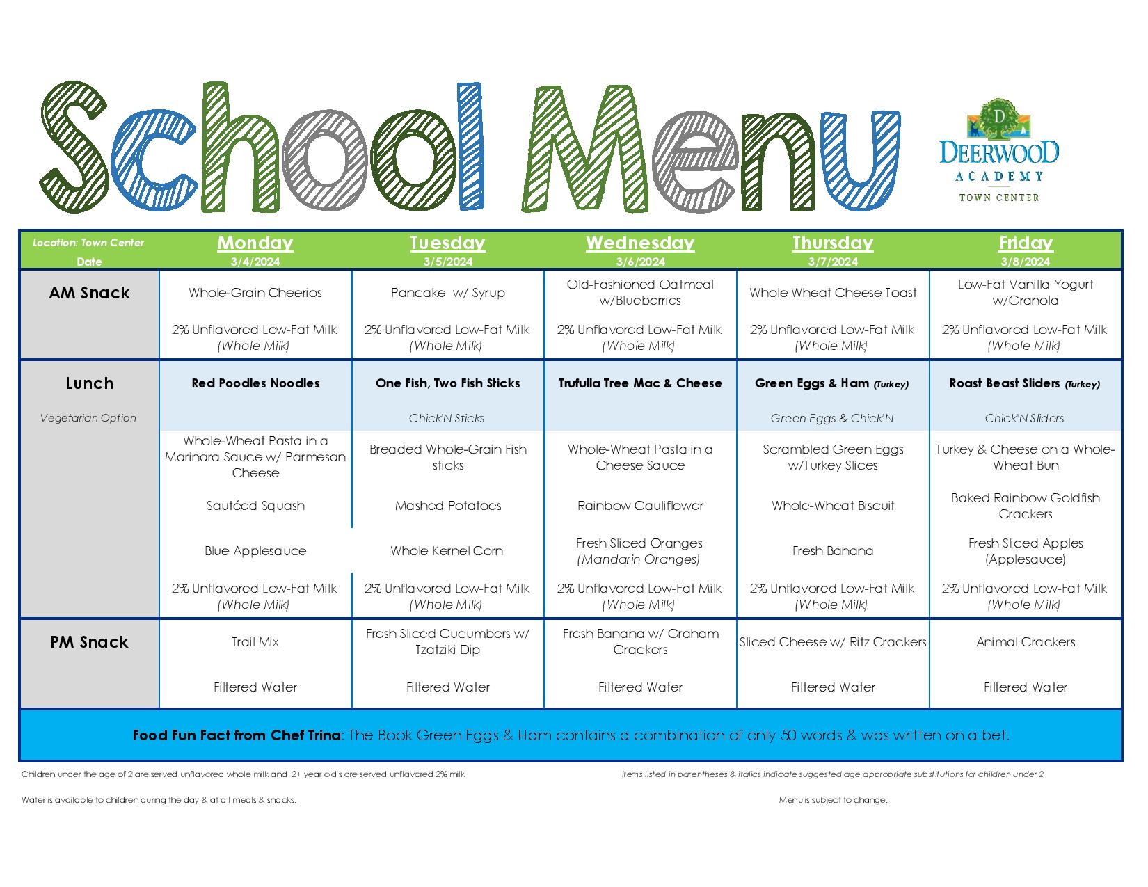Calendar & Lunch Menu Deerwood Academy
