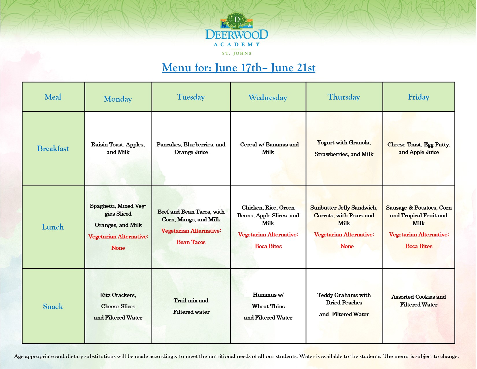 Calendar & Lunch Menu Deerwood Academy